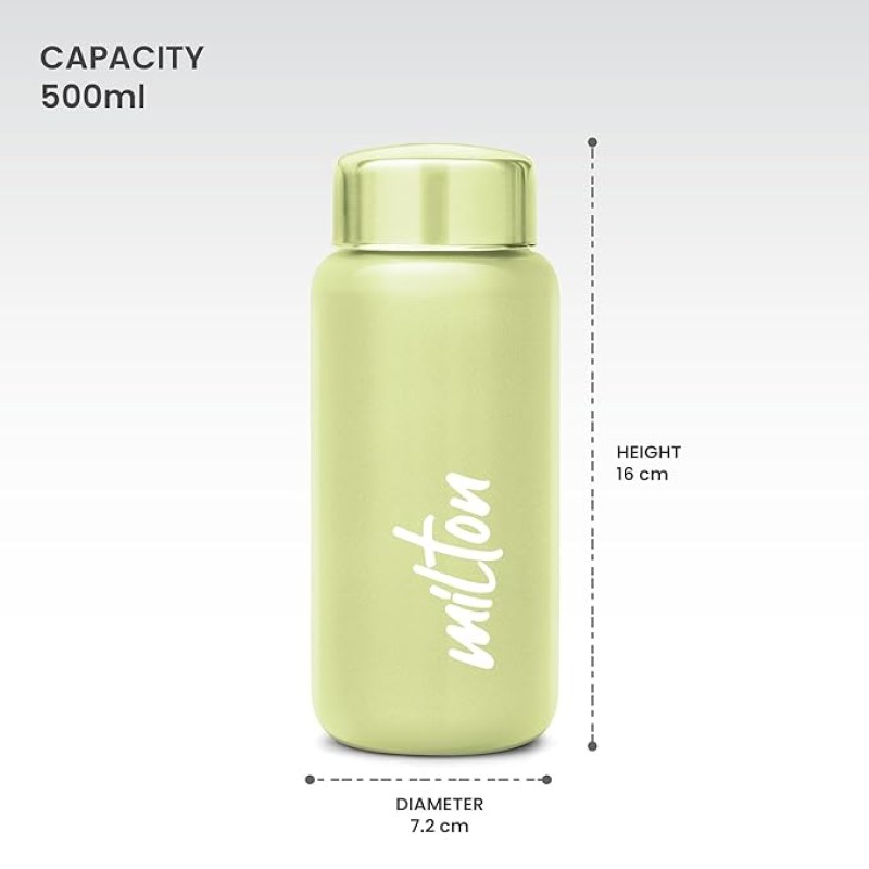 MILTON Aqua 500 Stainless Steel Water Bottle 500 ml, Single Walled, ISI Certified I Leak Proof Lid, Rust Proof I For School, Office, Gym I Light Green