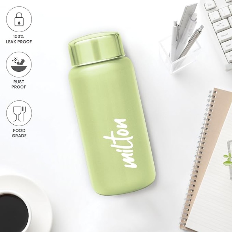 MILTON Aqua 500 Stainless Steel Water Bottle 500 ml, Single Walled, ISI Certified I Leak Proof Lid, Rust Proof I For School, Office, Gym I Light Green