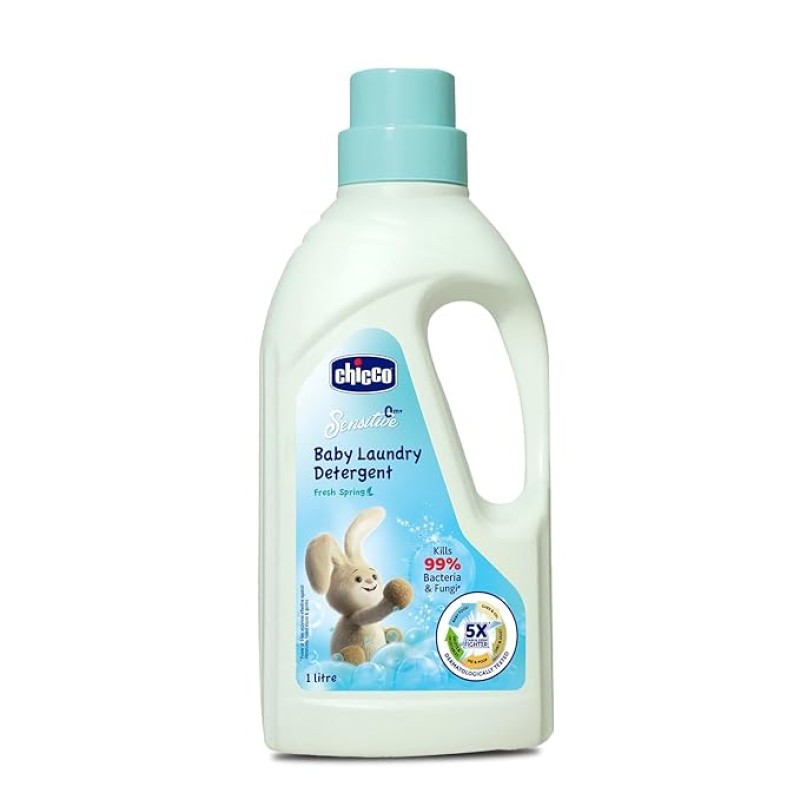 Chicco Baby Liquid Laundry Detergent, 5X Stain & Germ Fighter, Kills 99% Of Germs, Dermatologically Tested For Effective & Gentle Cleaning, Fresh Spring (1 L)