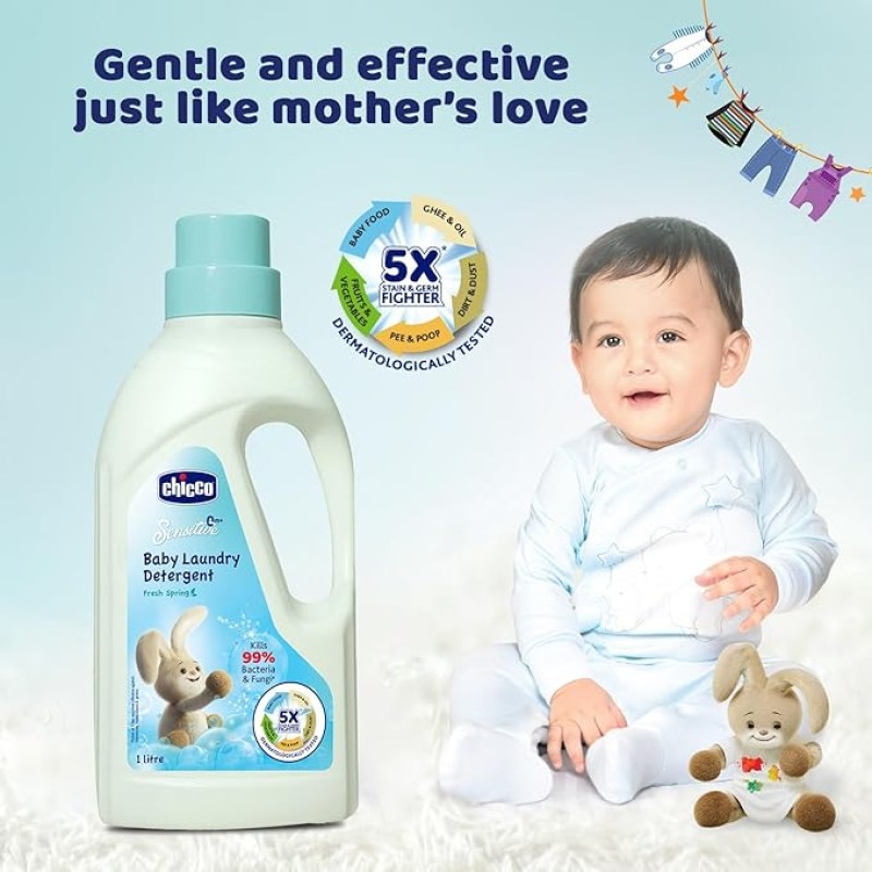 Chicco Baby Liquid Laundry Detergent, 5X Stain & Germ Fighter, Kills 99% Of Germs, Dermatologically Tested For Effective & Gentle Cleaning, Fresh Spring (1 L)