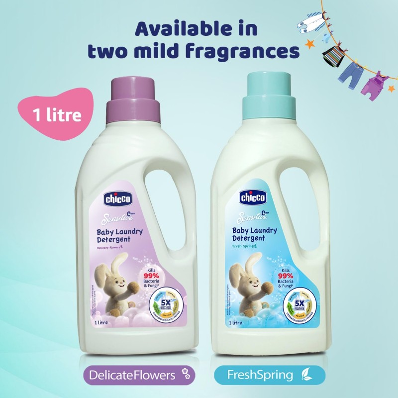 Chicco Baby Liquid Laundry Detergent, 5X Stain & Germ Fighter, Kills 99% Of Germs, Dermatologically Tested For Effective & Gentle Cleaning, Fresh Spring (1 L)