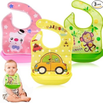 BabyGo Silicone Baby Bibs | Adjustable Neckline Feeding Apron Bibs, Detachable, Waterproof, Washable, BPA-Free & Reusable Soft Silicone Bibs for Infants & Toddlers | Set of 3