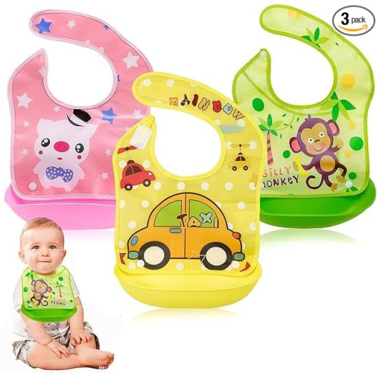 BabyGo Silicone Baby Bibs | Adjustable Neckline Feeding Apron Bibs, Detachable, Waterproof, Washable, BPA-Free & Reusable Soft Silicone Bibs for Infants & Toddlers | Set of 3 BabyGo Silicone Baby Bibs | Adjustable Neckline Feeding Apron Bibs, Detachable, Waterproof, Washable, BPA-Free & Reusable Soft Silicone Bibs for Infants & Toddlers | Set of 3