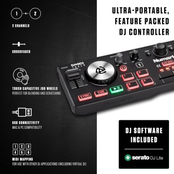 Numark DJ2GO2 Touch | Compact 2 Deck USB DJ Controller For Serato DJ with a Mixer/Crossfader, Audio Interface and Touch Capacitive Jog Wheels Numark DJ2GO2 Touch | Compact 2 Deck USB DJ Controller For Serato DJ with a Mixer/Crossfader, Audio Interface and Touch Capacitive Jog Wheels