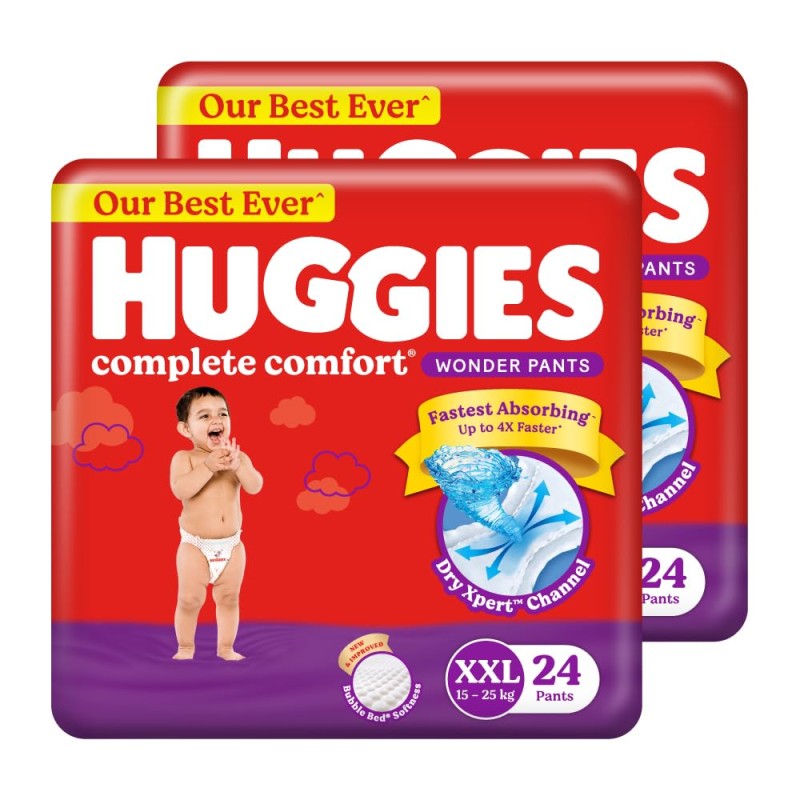 Huggies Complete Comfort Wonder Pants | Pant Style Baby Diapers XXL Size, 48 Count | India's Fastest Absorbing Diaper, Patented Dry Xpert Channel, Ideal for 15 to 25 Kgs Huggies Complete Comfort Wonder Pants | Pant Style Baby Diapers XXL Size, 48 Count | India's Fastest Absorbing Diaper, Patented Dry Xpert Channel, Ideal for 15 to 25 Kgs