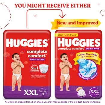 Huggies Complete Comfort Wonder Pants | Pant Style Baby Diapers XXL Size, 48 Count | India's Fastest Absorbing Diaper, Patented Dry Xpert Channel, Ideal for 15 to 25 Kgs