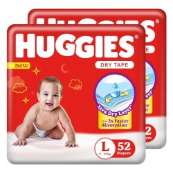 Huggies Complete Comfort Dry Tape Large (L) Size Baby Tape Diapers, Combo Pack of 2, 52 count per pack, 104 count, with 5 in 1 Comfort