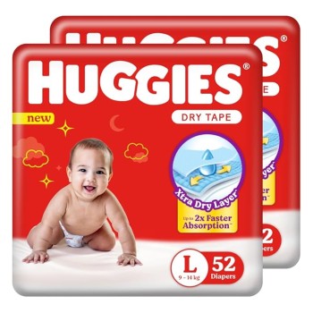 Huggies Complete Comfort Dry Tape Large (L) Size Baby Tape Diapers,9-14 Kg 52 count Pack of 1