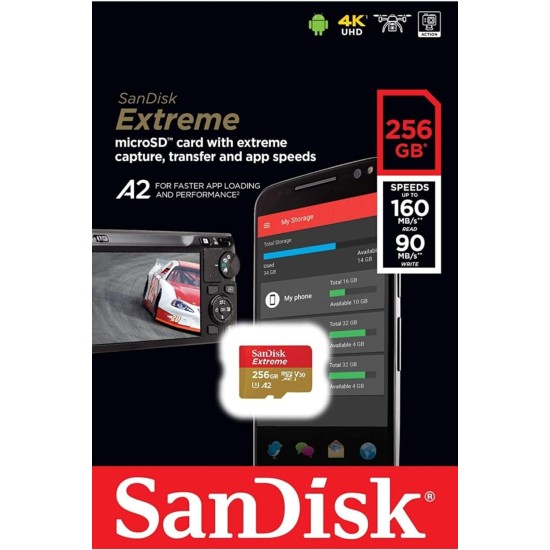 SanDisk 256GB Extreme MicroSDXC UHS-I Memory Card - C10, U3, V30, 4K, A2, Micro SD - SDSQXA1-256G-GN6MN