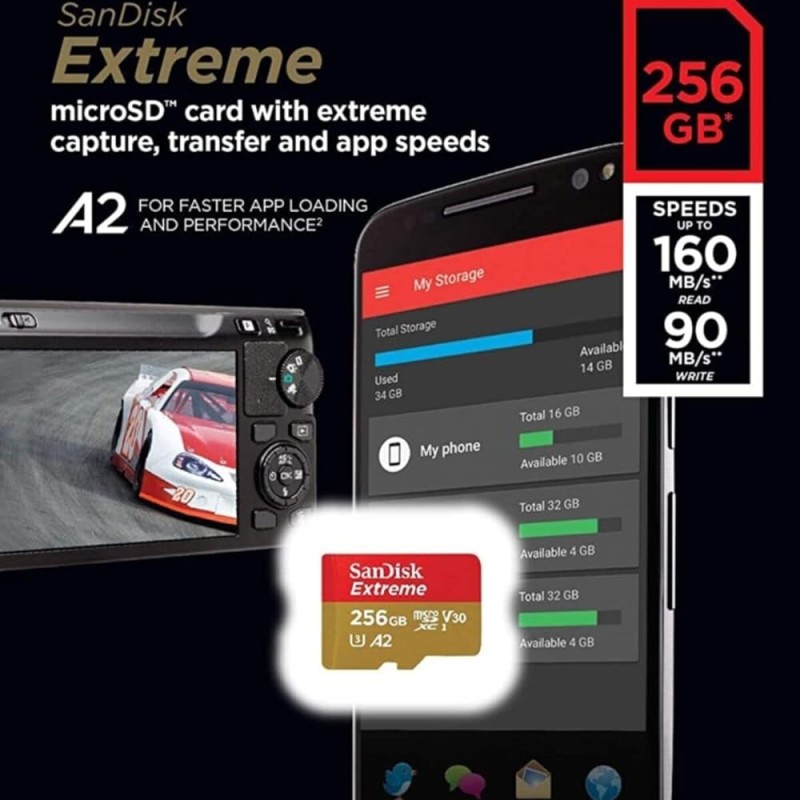 SanDisk 256GB Extreme MicroSDXC UHS-I Memory Card - C10, U3, V30, 4K, A2, Micro SD - SDSQXA1-256G-GN6MN SanDisk 256GB Extreme MicroSDXC UHS-I Memory Card - C10, U3, V30, 4K, A2, Micro SD - SDSQXA1-256G-GN6MN