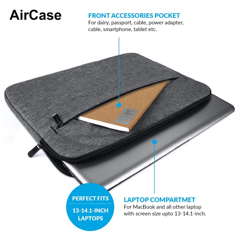 AirCase Protective Laptop Bag Sleeve fits Upto 14.1 Laptop/MacBook, Wrinkle Free, Padded, Waterproof Light Nylon case Cover Pouch, for Laptops, Men and Women, Grey