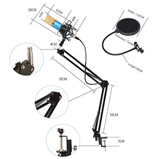 Powerpak BM-800 Professional Condenser Microphone Kit with Scissor Stand Sound Card Pop Filter XLR Cable Foam Cap and Shock Mount (Black)