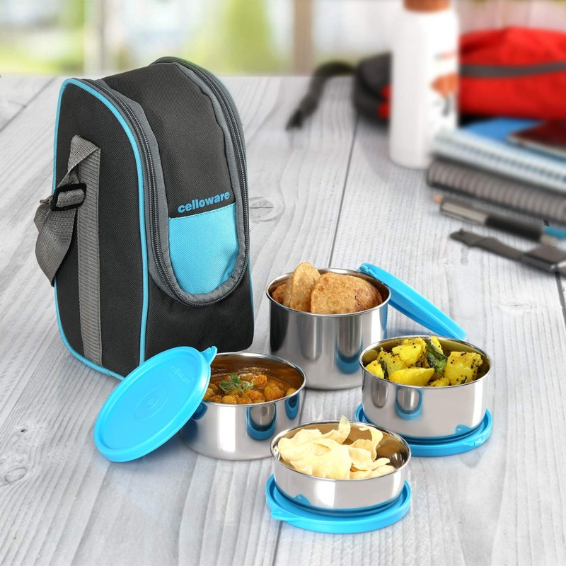 CELLO Steelox Stainless Steel Lunch Box Set of 4 with Bag (Capacities - 225ml, 375ml x 2, 550ml), Blue | Tiffin Box with Jacket | Leakproof | Easy to Carry | Ideal for Office, School, College CELLO Steelox Stainless Steel Lunch Box Set of 4 with Bag (Capacities - 225ml, 375ml x 2, 550ml), Blue | Tiffin Box with Jacket | Leakproof | Easy to Carry | Ideal for Office, School, College