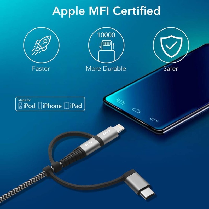 Dyazo 4 ft / 1.2 m 3-in-1 Universal Charger Cable Double Nylon Braided Multi Charging Cable with Flexi Head Technology Dyazo 4 ft / 1.2 m 3-in-1 Universal Charger Cable Double Nylon Braided Multi Charging Cable with Flexi Head Technology