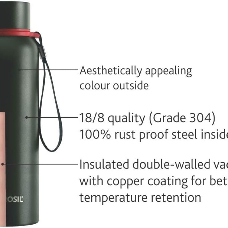 Borosil - Stainless Steel Hydra Trek - Vacuum Insulated Flask Water Bottle, 700 ML, Green