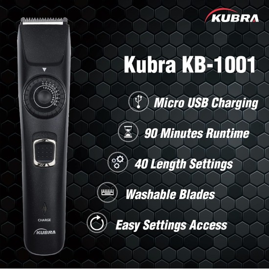 Kubra KB-1001 USB Fast charging, 90 min runtime, Adjustable 38 Length Setting, Ultra Sleek Beard Trimmer for Men (Black)