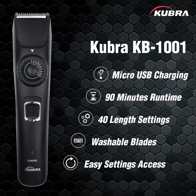 Kubra KB-1001 USB Fast charging, 90 min runtime, Adjustable 38 Length Setting, Ultra Sleek Beard Trimmer for Men (Black) Kubra KB-1001 USB Fast charging, 90 min runtime, Adjustable 38 Length Setting, Ultra Sleek Beard Trimmer for Men (Black)