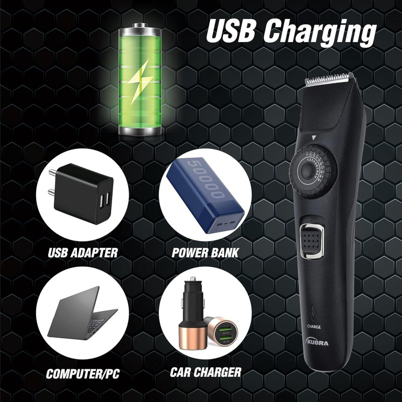 Kubra KB-1001 USB Fast charging, 90 min runtime, Adjustable 38 Length Setting, Ultra Sleek Beard Trimmer for Men (Black) Kubra KB-1001 USB Fast charging, 90 min runtime, Adjustable 38 Length Setting, Ultra Sleek Beard Trimmer for Men (Black)