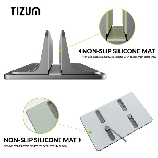 Tizum Vertical Laptop Tabletop Stand for Desk with Adjustable Dock Width, Size & Space Saver Sturdy Holder with Anti Slip Silicone Mat, for All Laptops, Notebook, MacBook, Tablets, iPads, Grey