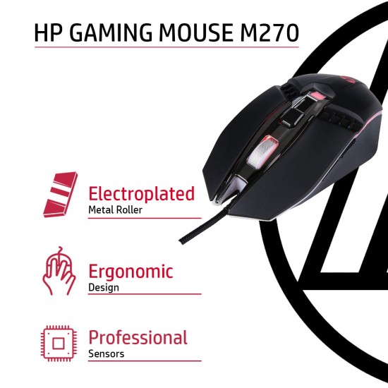 HP M270 Backlit USB Wired Gaming Mouse with 6 Buttons, 4-Speed Customizable 2400 DPI, Ergonomic Design, Breathing LED Lighting, Metal Scroll Wheel, Lightweighted / 3 Years Warranty (7ZZ87AA), Black