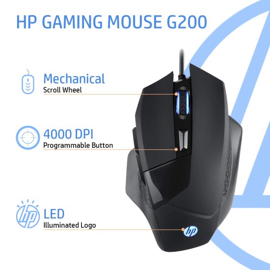 HP G200 Backlit USB Wired Gaming Mouse with Ergonomic Design, All Customizable Buttons, Adjustable 4000 DPI, RGB Breathing LED Lighting, Anti-Slip Scroll Wheel / 3 Years Warranty (7QV30AA)