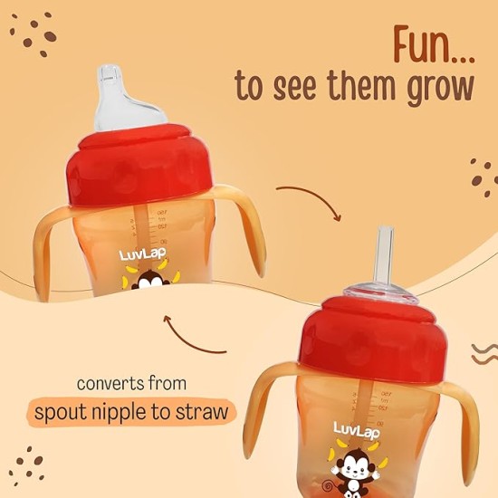 LuvLap Banana Time 150ml Anti Spill, Interchangeable Sipper / Sippy Cup with Soft Silicone Spout and Straw BPA Free, 6m+ (Orange)