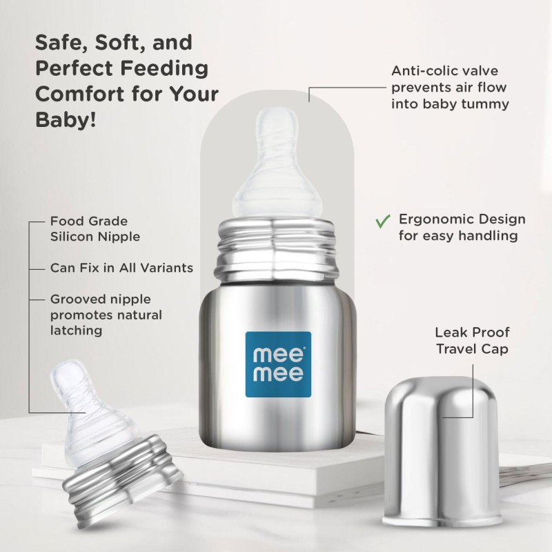 Mee Mee Baby Steel Feeding Bottle 120ml | Baby Milk Bottle with Advanced Anti Colic Valve, BPA Free, Soft Silicone Teat, Slim Neck for Babies/Infants/Newborns of 0-2 Years