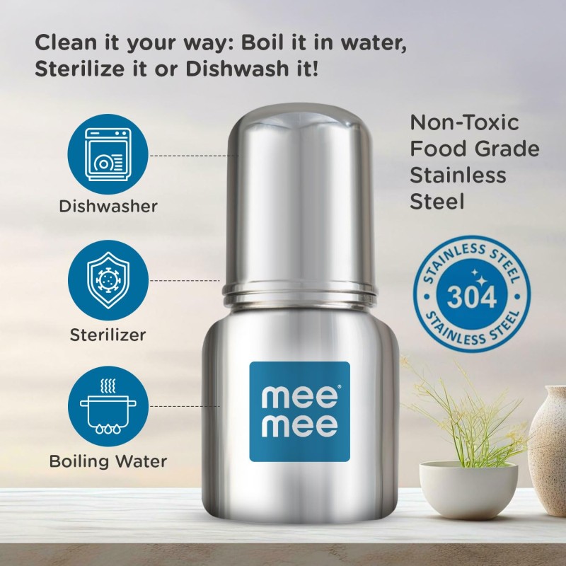 Mee Mee Baby Steel Feeding Bottle 120ml | Baby Milk Bottle with Advanced Anti Colic Valve, BPA Free, Soft Silicone Teat, Slim Neck for Babies/Infants/Newborns of 0-2 Years