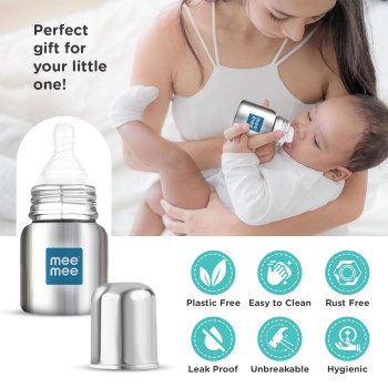 Mee Mee Baby Steel Feeding Bottle 120ml | Baby Milk Bottle with Advanced Anti Colic Valve, BPA Free, Soft Silicone Teat, Slim Neck for Babies/Infants/Newborns of 0-2 Years Mee Mee Baby Steel Feeding Bottle 120ml | Baby Milk Bottle with Advanced Anti Colic Valve, BPA Free, Soft Silicone Teat, Slim Neck for Babies/Infants/Newborns of 0-2 Years