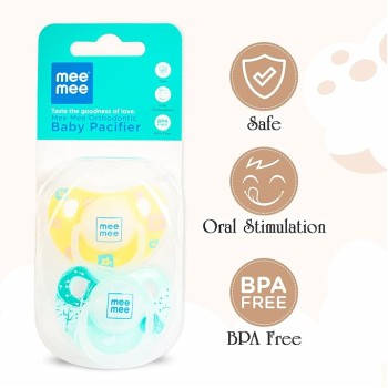 Mee Mee Baby Silicone Pacifier | Orthodontic Nipple for Oral Stimulation | Unique Shape to Support Psychological Breathing | Soother for Babies | Easy to Clean | 0-18 Months (Yellow/Green)