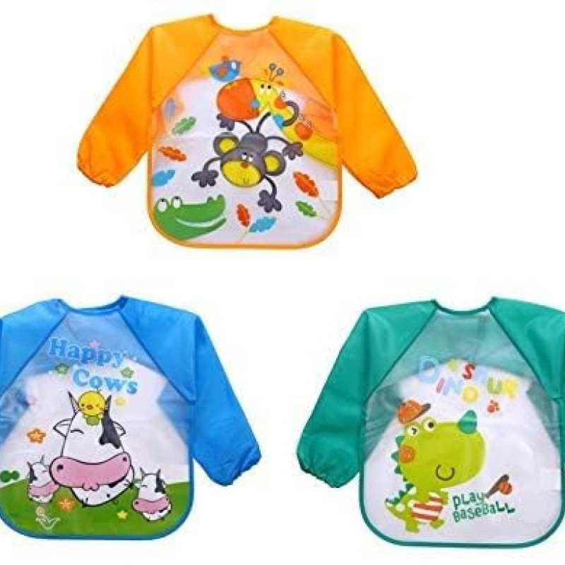 BabyGo Washable 3 Pcs Long Sleeve Bibs, Waterproof Baby Bibs, Toddler Sleeved Bib, Baby Smock for Eating Feeding, 6-24 Months (Multicolor)