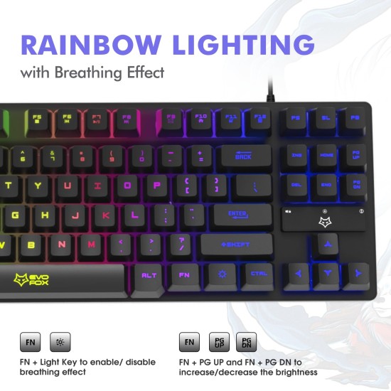 EvoFox Fireblade Wired Gaming Keyboard with Multiple Lightning Effects I Compact TKL Design I LED Backlit I 19 Anti Ghosting Keys I Windows Lock Key I Breathing Effect I Spill Resistant I 1.5M Braided Cable with Magnetic Ring (Black)