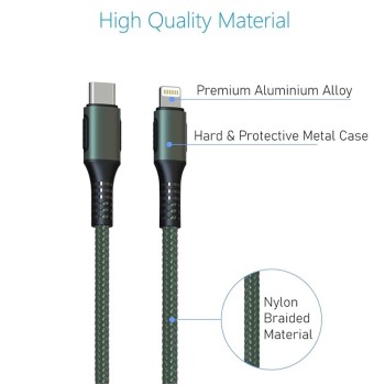 Portronics Konnect CL 20W POR-1067 Type-C to 8 Pin USB 1.2M Cable With Power Delivery & 3A Quick Charge Support, Nylon Braided For All Type-C and 8 Pin Devices, Green Portronics Konnect CL 20W POR-1067 Type-C to 8 Pin USB 1.2M Cable With Power Delivery & 3A Quick Charge Support, Nylon Braided For All Type-C and 8 Pin Devices, Green