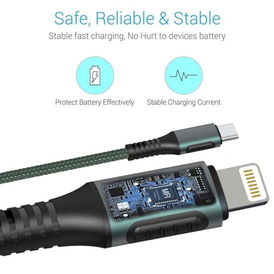 Portronics Konnect CL 20W POR-1067 Type-C to 8 Pin USB 1.2M Cable With Power Delivery & 3A Quick Charge Support, Nylon Braided For All Type-C and 8 Pin Devices, Green