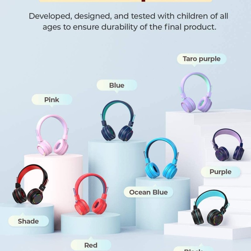 iClever Bluetooth on Ear Headphones for Girls, Kids Girls Headphones with Mic, Headset for Kids School/Tablet/Laptop Stereo Sound Colorful LED Lights Bluetooth 5.0, Foldable