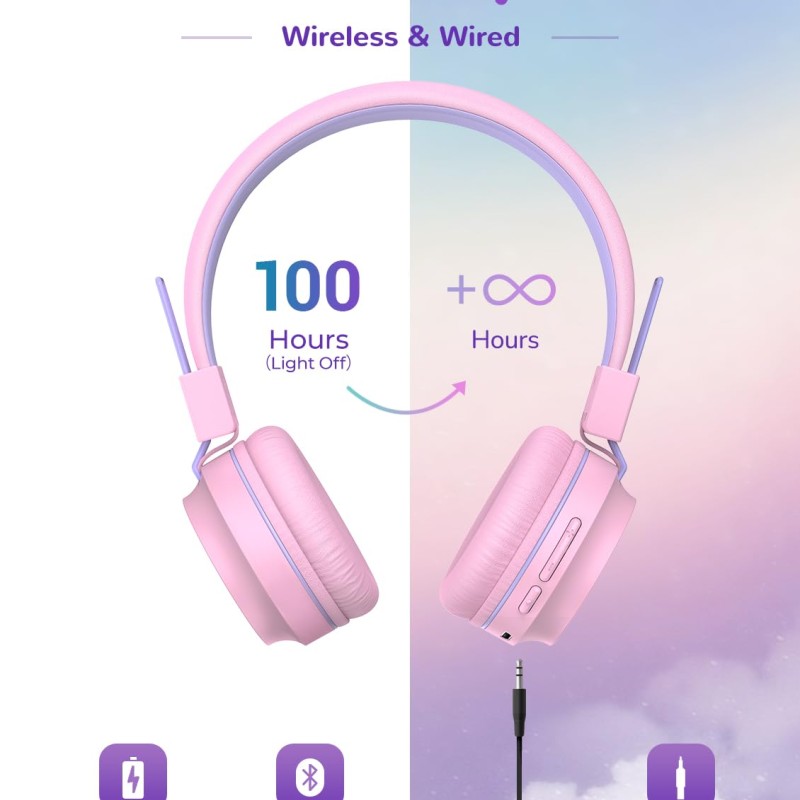 iClever Bluetooth on Ear Headphones for Girls, Kids Girls Headphones with Mic, Headset for Kids School/Tablet/Laptop Stereo Sound Colorful LED Lights Bluetooth 5.0, Foldable