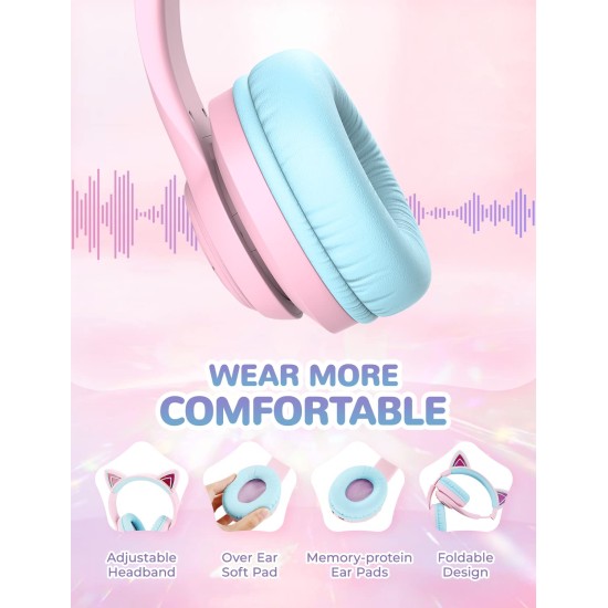 iClever BTH13 Bluetooth Kids Headphones with Mic, Over Ear Headphone Wireless Cat Ear Headphones for Girls Birthday Gift Safe Volume Limited, 45H Playtime Portable Headset for Tablet/PC, Pink