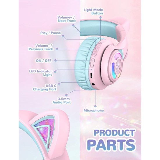 iClever BTH13 Bluetooth Kids Headphones with Mic, Over Ear Headphone Wireless Cat Ear Headphones for Girls Birthday Gift Safe Volume Limited, 45H Playtime Portable Headset for Tablet/PC, Pink