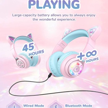 iClever BTH13 Bluetooth Kids Headphones with Mic, Over Ear Headphone Wireless Cat Ear Headphones for Girls Birthday Gift Safe Volume Limited, 45H Playtime Portable Headset for Tablet/PC, Pink