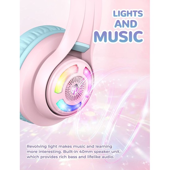 iClever BTH13 Bluetooth Kids Headphones with Mic, Over Ear Headphone Wireless Cat Ear Headphones for Girls Birthday Gift Safe Volume Limited, 45H Playtime Portable Headset for Tablet/PC, Pink