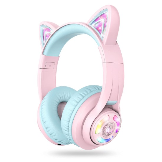 iClever BTH13 Bluetooth Kids Headphones with Mic, Over Ear Headphone Wireless Cat Ear Headphones for Girls Birthday Gift Safe Volume Limited, 45H Playtime Portable Headset for Tablet/PC, Pink