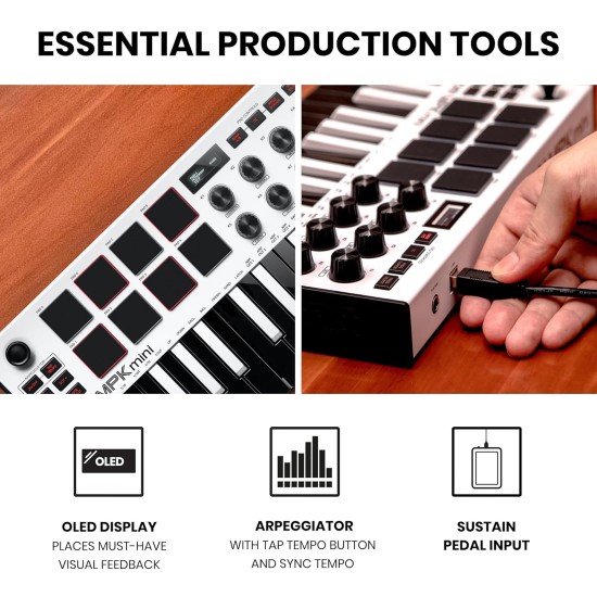 Akai Professional MPK mini MK3 – 25 Key USB MIDI Keyboard Controller With 8 Backlit Drum Pads, 8 Knobs and Music Production Software included (White)