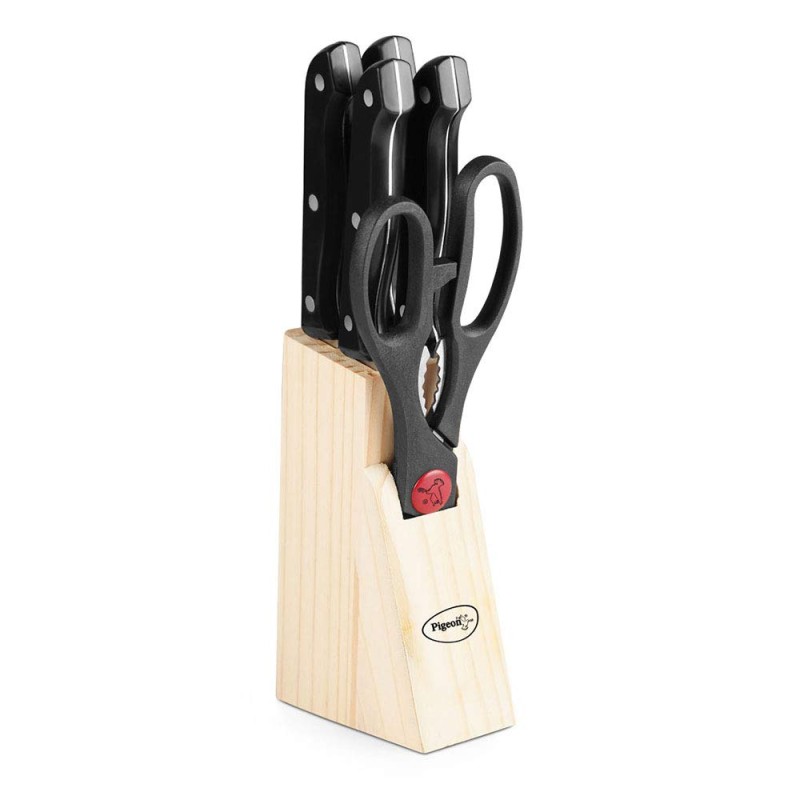 Pigeon by Stovekraft Angular Holder Shears Kitchen Knifes 6 Piece Set with Wooden Block (Stainless Steel) Pigeon by Stovekraft Angular Holder Shears Kitchen Knifes 6 Piece Set with Wooden Block (Stainless Steel)