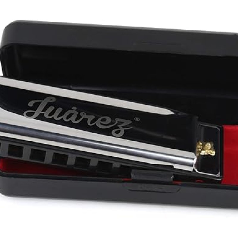 Juarez JRZ10HM Key C Diatonic Blues Harmonica 10 Hole 20 Tones with Case, Mouth Organ for Beginners, Students, Kids & Professionals, Silver