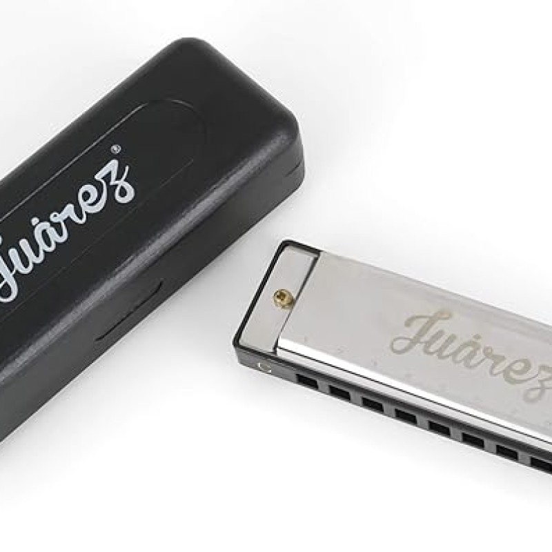 Juarez JRZ10HM Key C Diatonic Blues Harmonica 10 Hole 20 Tones with Case, Mouth Organ for Beginners, Students, Kids & Professionals, Silver