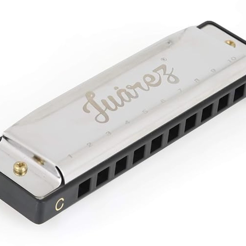 Juarez JRZ10HM Key C Diatonic Blues Harmonica 10 Hole 20 Tones with Case, Mouth Organ for Beginners, Students, Kids & Professionals, Silver