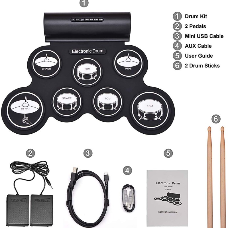 Powerpak G3001L-P Electronic Drum Kit Built-in Li-Battery 2000mAh Roll Up Drum Pad Portable Rechargeable Drum Kit with Headphone Jack Built-in Dual Speaker 2x Drum Pedals 2x Drum Sticks Powerpak G3001L-P Electronic Drum Kit Built-in Li-Battery 2000mAh Roll Up Drum Pad Portable Rechargeable Drum Kit with Headphone Jack Built-in Dual Speaker 2x Drum Pedals 2x Drum Sticks