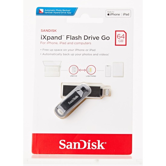 SanDisk 64GB iXpand Flash Drive Go for iPhone and iPad - SDIX60N-064G-GN6NN, Black