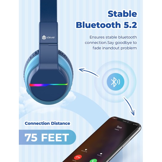 iClever Bluetooth Headphones with Mic, Headphones for Kids with 74/85/94dB Volume Limited Over The Ear Headset, 40H Playtime, Bluetooth 5.0, BTH12 Headphones for Boys Children Headphones, Blue