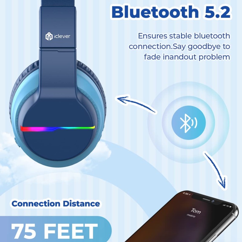 iClever Bluetooth Headphones with Mic, Headphones for Kids with 74/85/94dB Volume Limited Over The Ear Headset, 40H Playtime, Bluetooth 5.0, BTH12 Headphones for Boys Children Headphones, Blue iClever Bluetooth Headphones with Mic, Headphones for Kids with 74/85/94dB Volume Limited Over The Ear Headset, 40H Playtime, Bluetooth 5.0, BTH12 Headphones for Boys Children Headphones, Blue